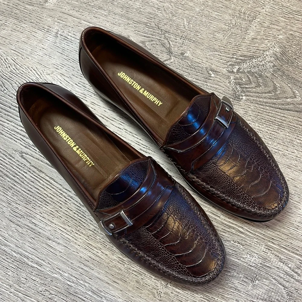 Johnston & Murphy Mens 9.5 Loafers Shoes Faux Snakeskin Brown Slip On Italy Made - Picture 1 of 10